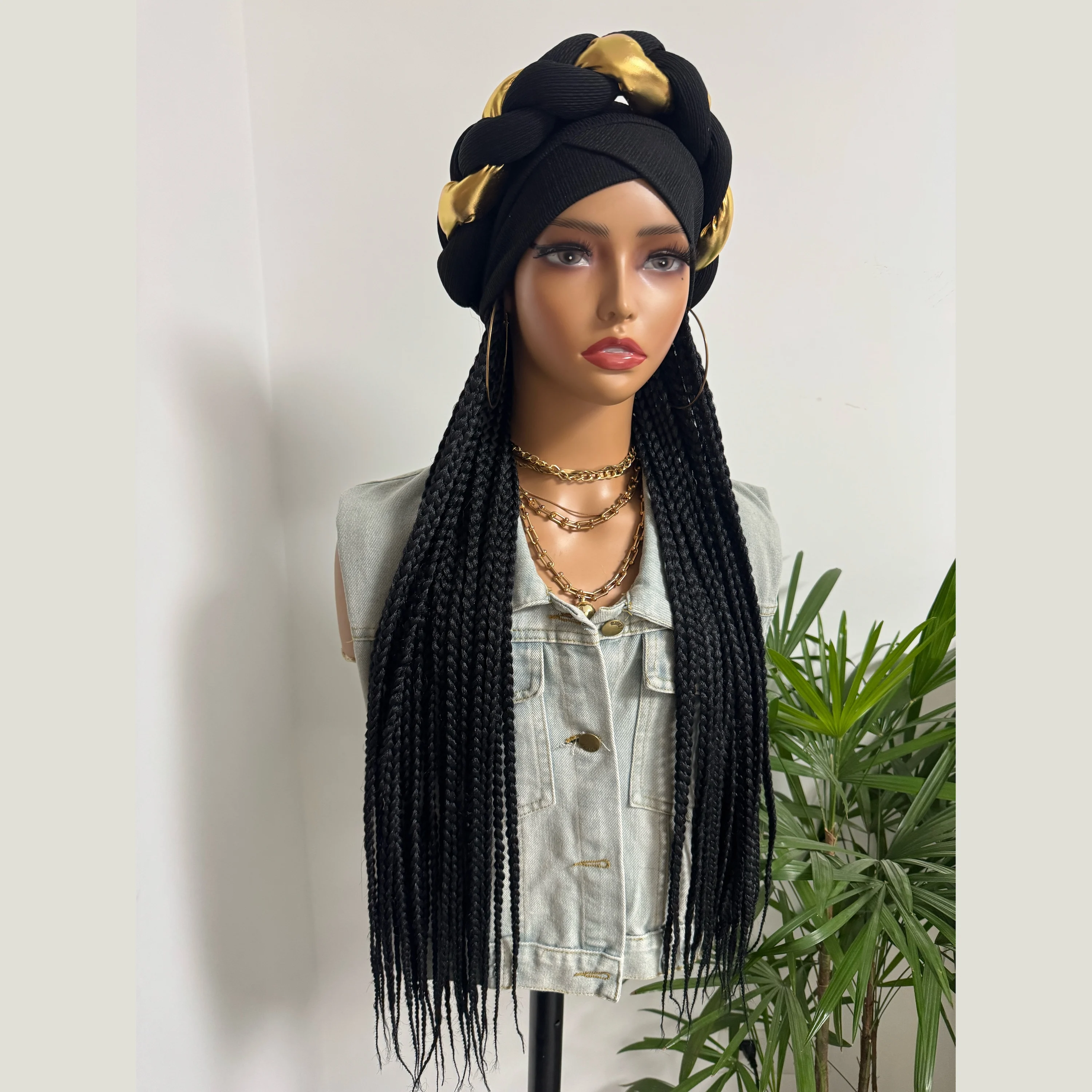 WIGERA Long 24Inch Synthetic Black Box Braided With Black Blonded Headband Turban Hat Box Braiding Hair Extensions For Women