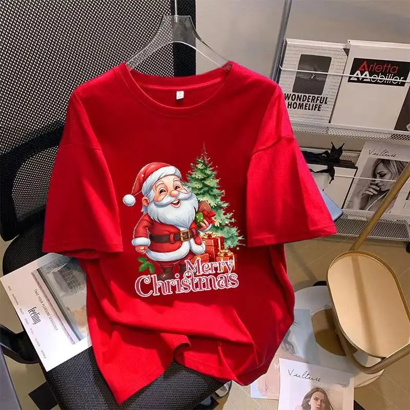 

2024 New Year T-shirt Women Christmas Clothes Oversize Loose Short-sleeved Casual Woman tshirt Summer Plus Size Round Neck