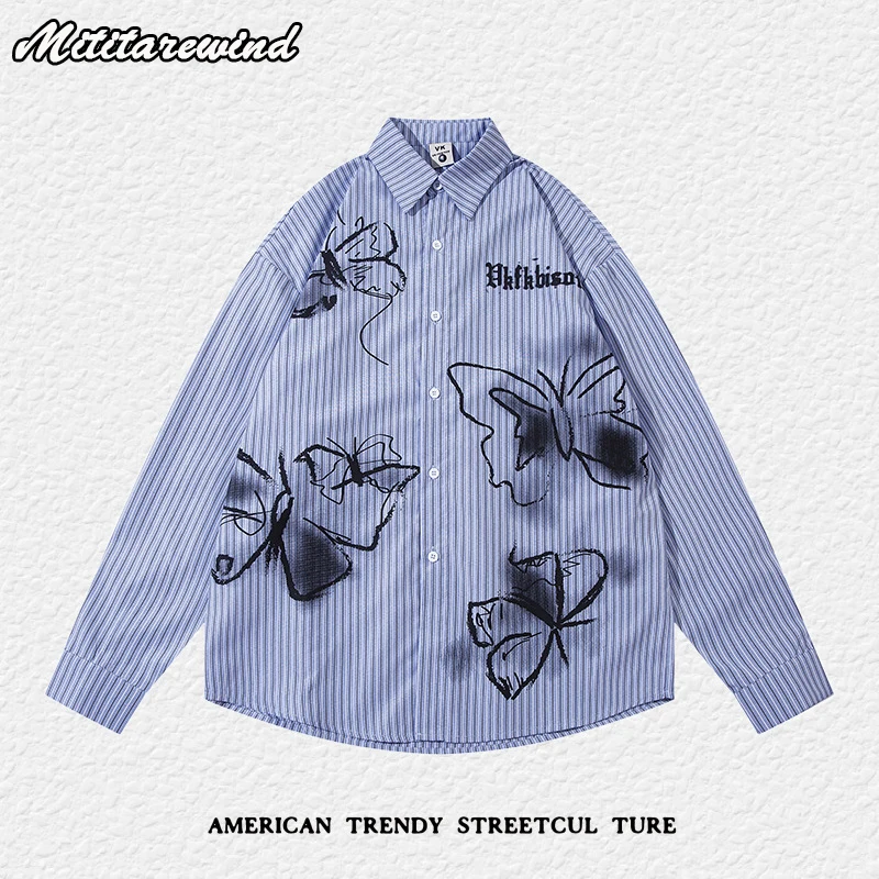 

Spring Autumn Long Sleeve Shirt Men Butterfly Printed Striped Shirt Women Hip Hop Streetwear Oversized Harajuku Cotton Shirt