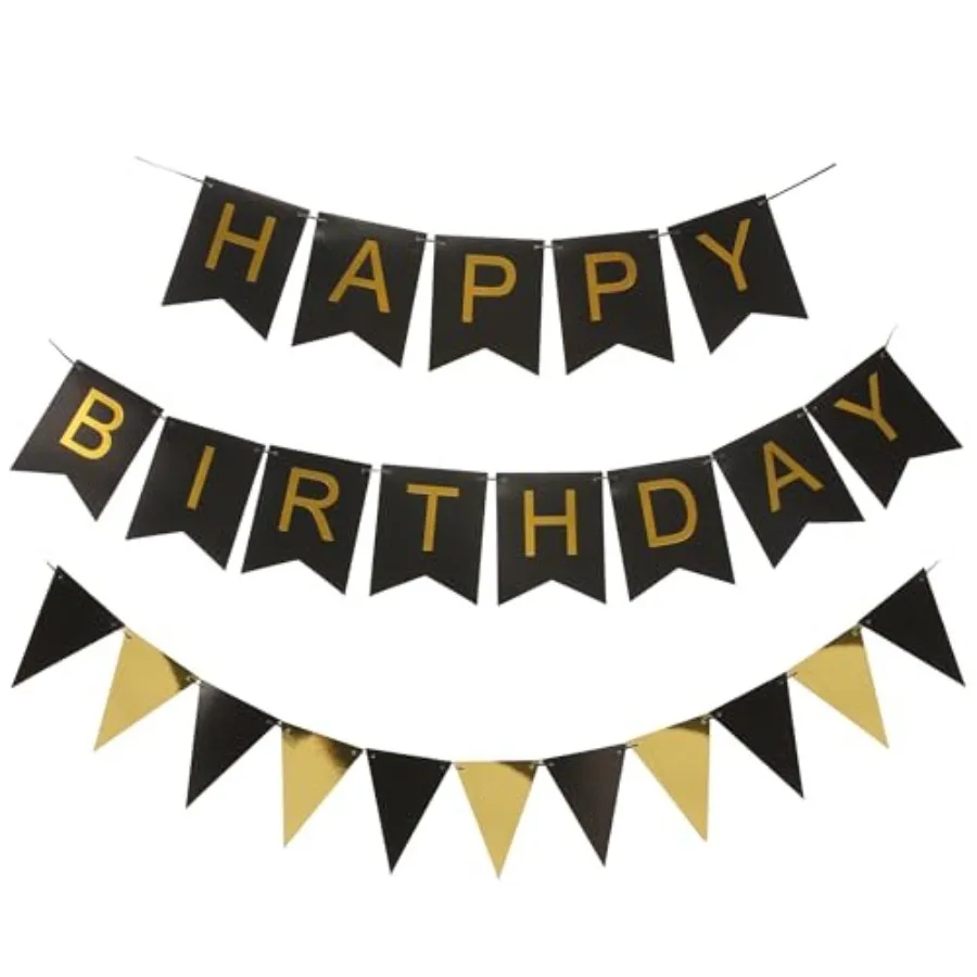 Black and Gold Striped Banner with Triangular Flag Set | Birthday Party Decoration Celebration Banner Set | Black Background