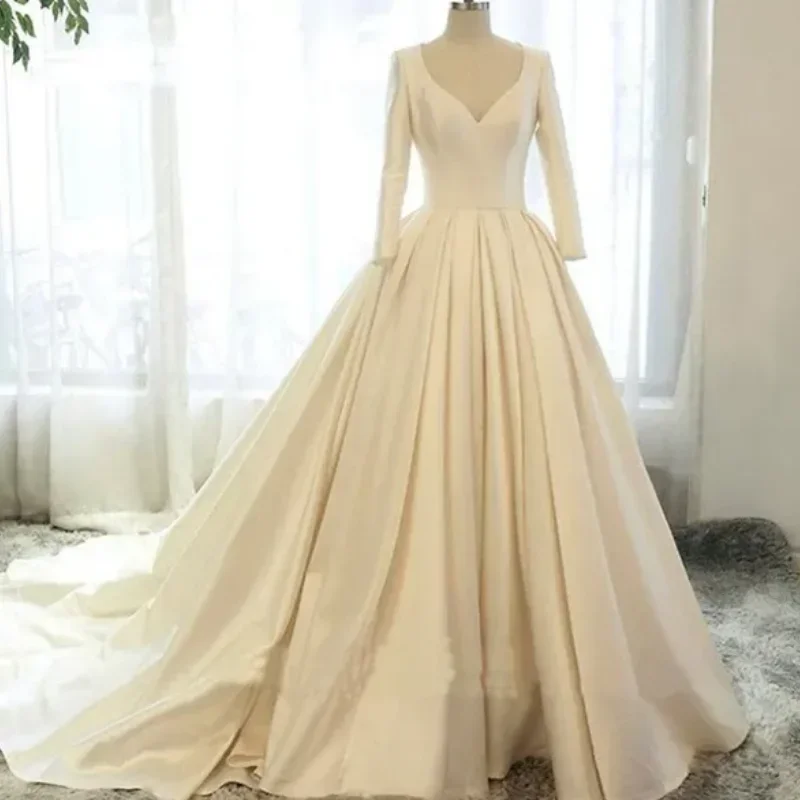 Personalizado 2025 feito vestido de baile de casamento de cetim novos vestidos de noiva com mangas branco marfim vestido de noiva