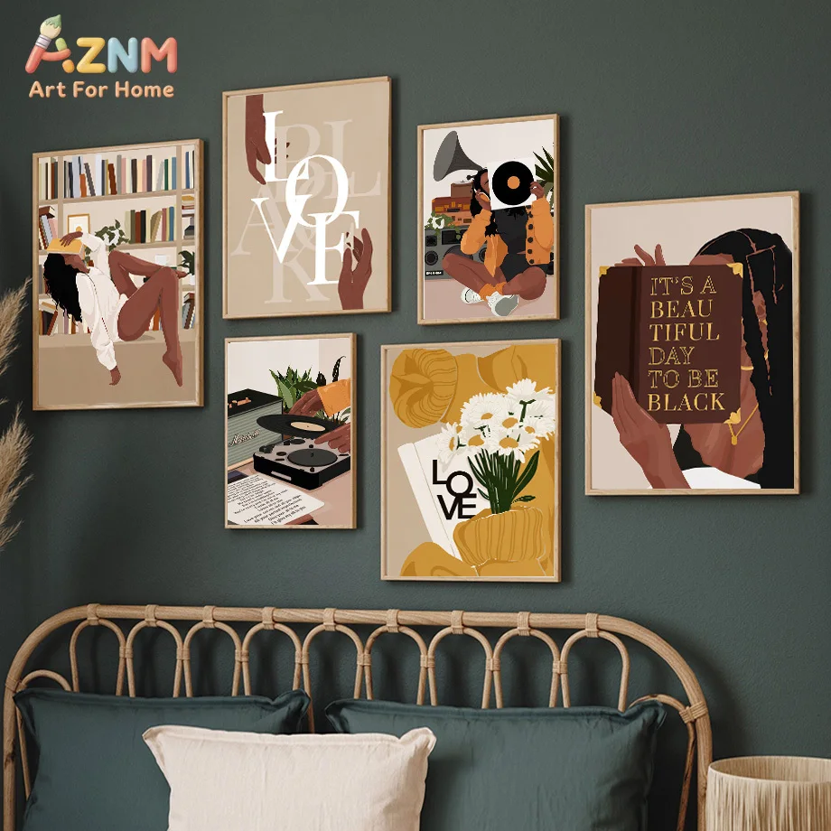 AZNM Boho Black Woman Canvas Print Vinyl Record Book Daisy Love Quote Melanin Art Neutral Warm Tone Minimalist Wall Poster Unfra