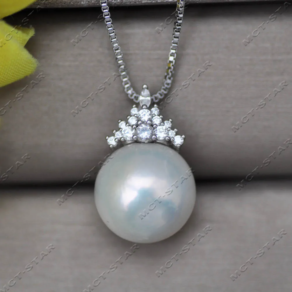 Z14012 A++ 14mm White Round Edison Keshi Pearl Pendant Crown CZ Custom Jewelry