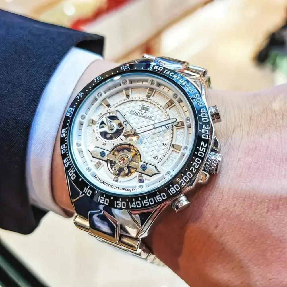 

New Luxury High-End Business Men's Mechanical Watch, Round Dial, Skeleton Case Back, Automatic Winding, Stainless Steel Strap, European and American Style, High-End Feel, Light Luxury, Fashionable, Casual, Versatile, Stylish and Handsome Men's Watch, Auto