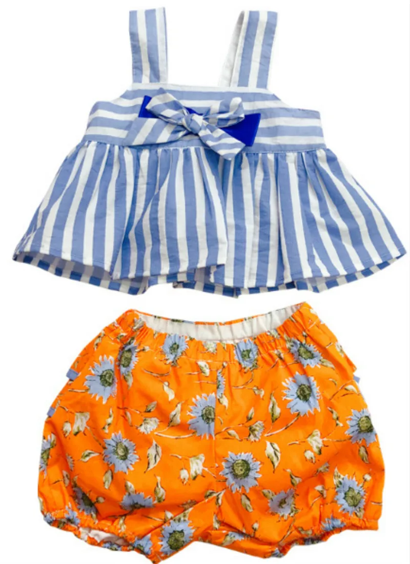 Baby Girl 2Pcs Summer Outfit Blue White Stripe Bow Sling Crop Top + Orange Sunflower Print Bloomer Shorts Infant Casual Clothing