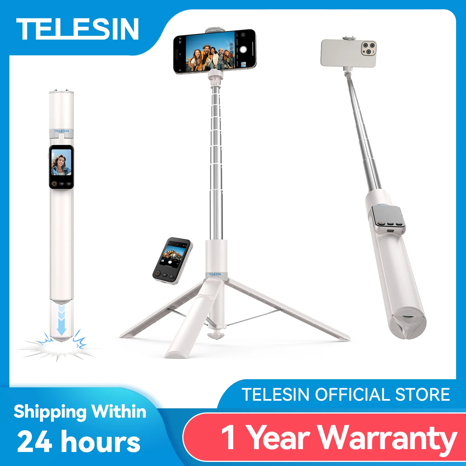 

TELESIN 1,7-метровый беспроводной Bluetooth-штатив-монитор с пультом дистанционного управления для селфи для смартфонов iPhone, Samsung, Xiaomi, Huawei