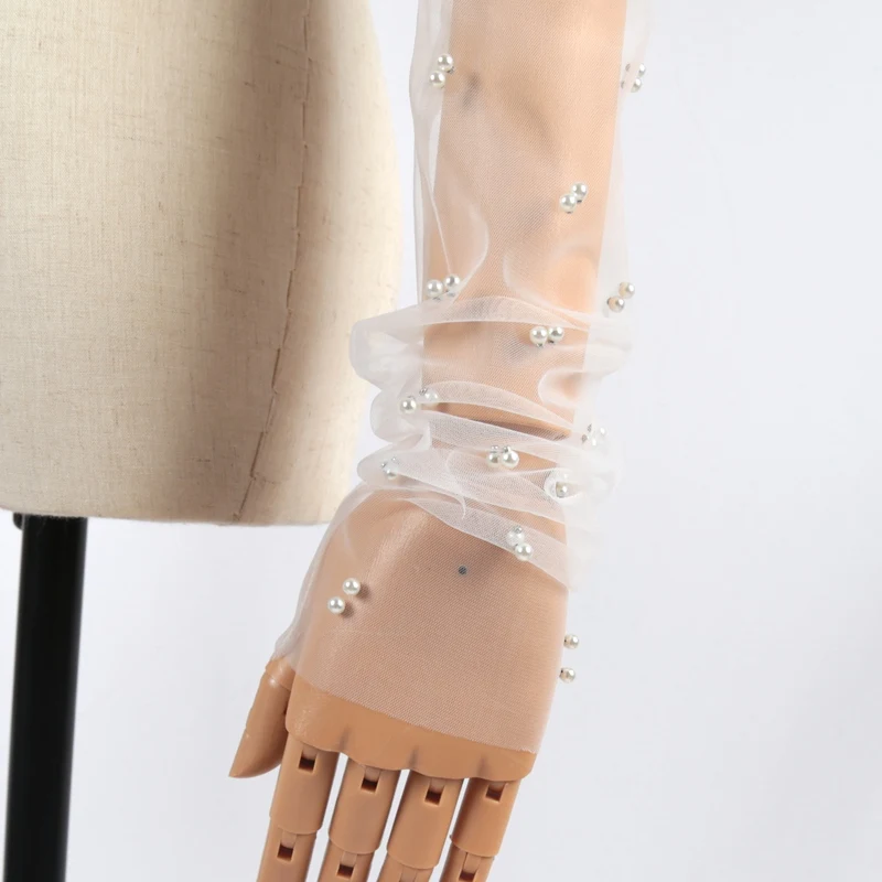 Elegant Wedding Gloves White Pearls Long Mittens Mesh Arm Covers Women Party Bridal Bridesmaid Sleevelet Prom Dress Accessories