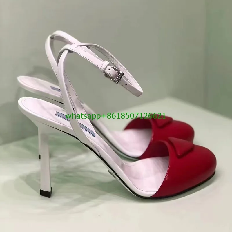 Summer Slingback Shoes Sexy Stiletto High Heel Leather Sandals Round Toe Ankle Buckle Strap Round Button Fashion Sandals