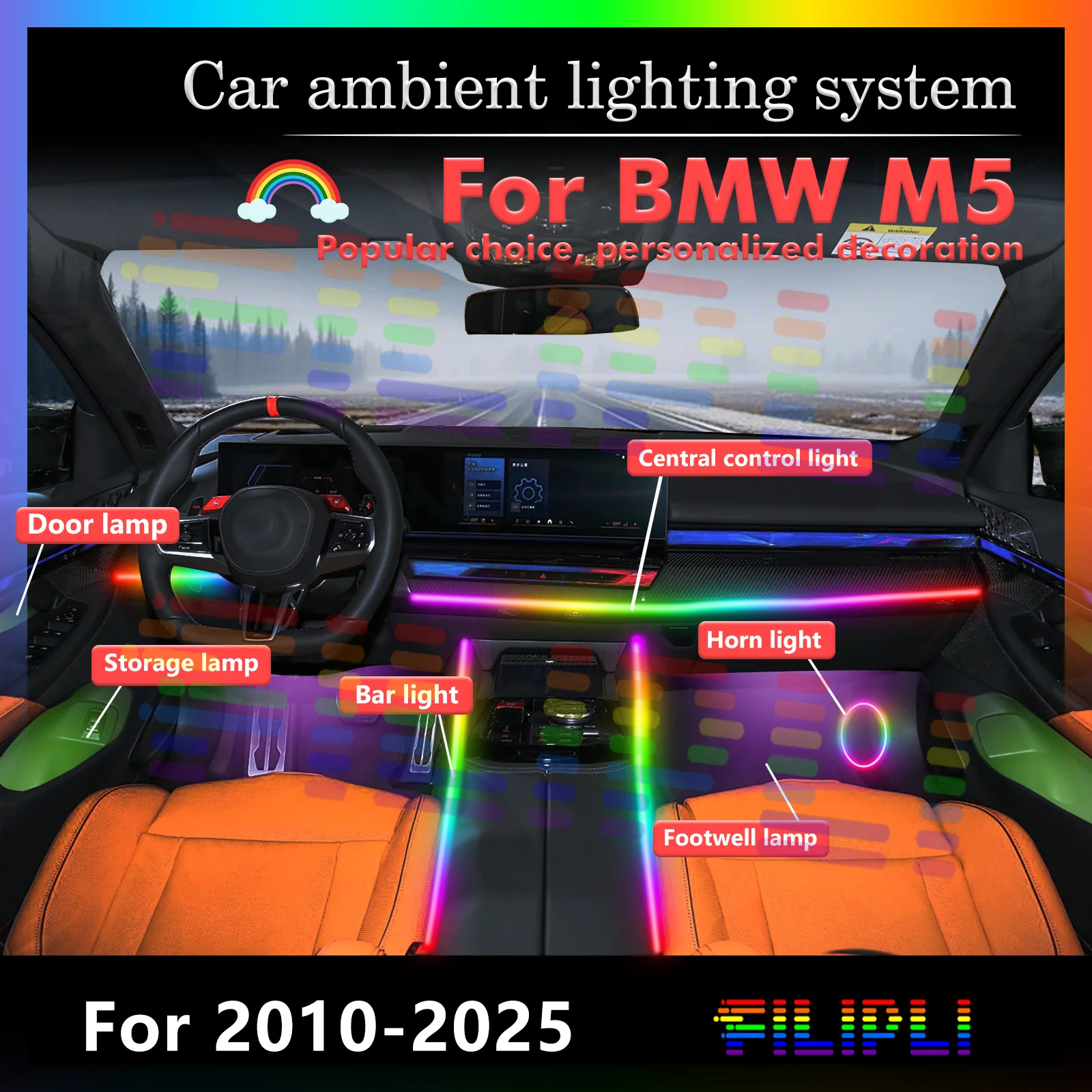

For BMW M5 Smart Remote Control Car Interior Ambient Light RGB 64 Colors LED Energy Saving Efficient Lamp Set