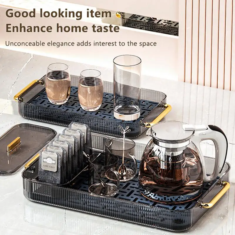 【HMA】ECO Double-Layer Transparent Tea Tray Cup Drying Rack With Multi-Purpose Storage Box For Tea And Coffee Featuring Handle
