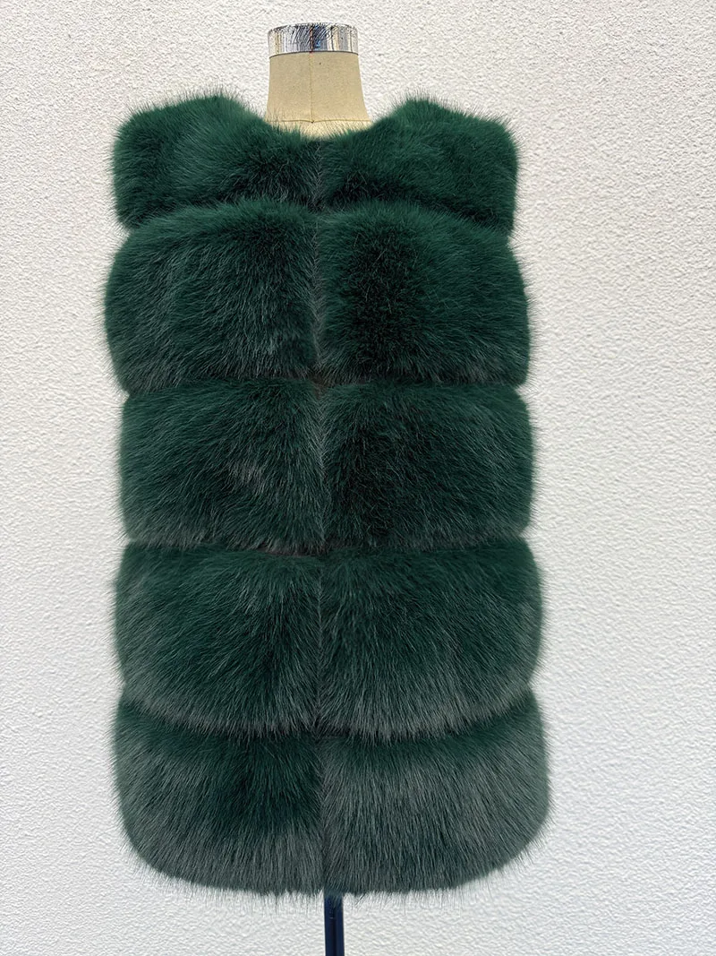 Colete de pele de raposa falsa para mulheres, top fino quente, jaqueta casual de pele falsa, casaco sem mangas de inverno, moda