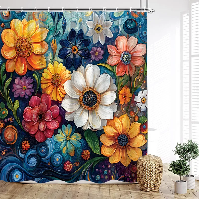 Vintage Boho Floral Shower Curtains Colourful Flowers Botanical Pattern Modern Polyester Fabric Home Bathroom Curtain Decor Set