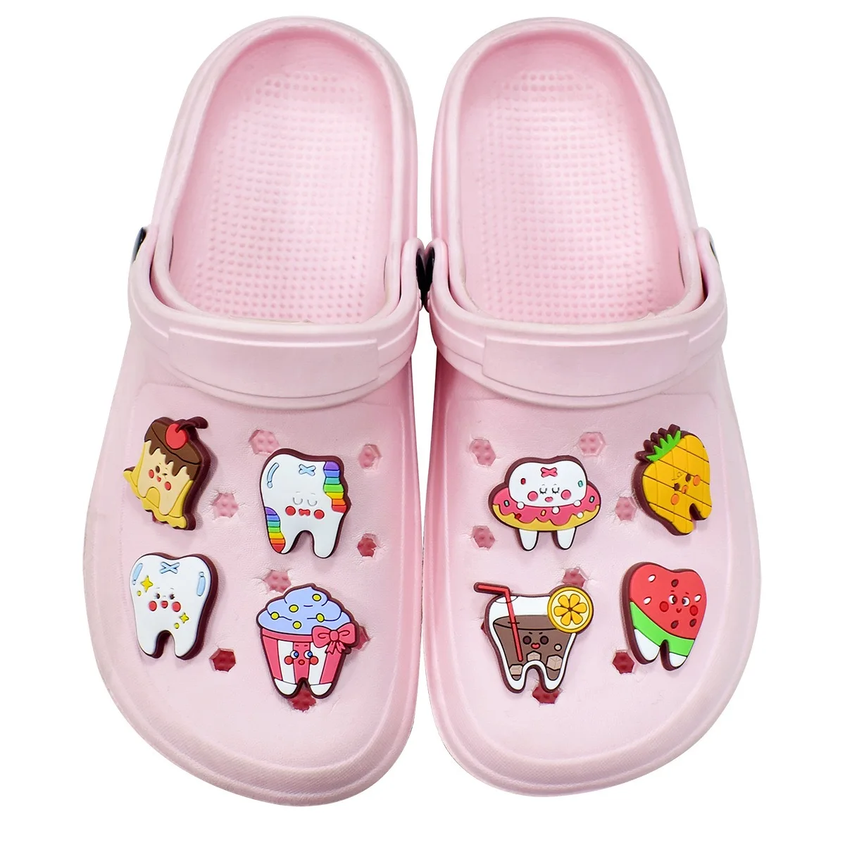 12-100Pcs Hamburger Pizza Teeth PVC Shoe Charms Strawberry Cupcake Cute Children Clog Buckle Designer Accessories