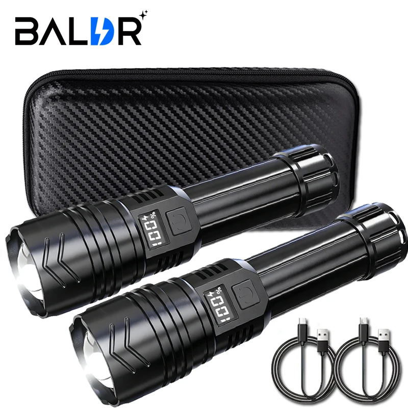 Hochstarke LED-Taschenlampen, 2000 lm, taktische Taschenlampe mit Display-Licht, wiederaufladbar, für Camping, Angeln, Notfall-Zoom-Laterne