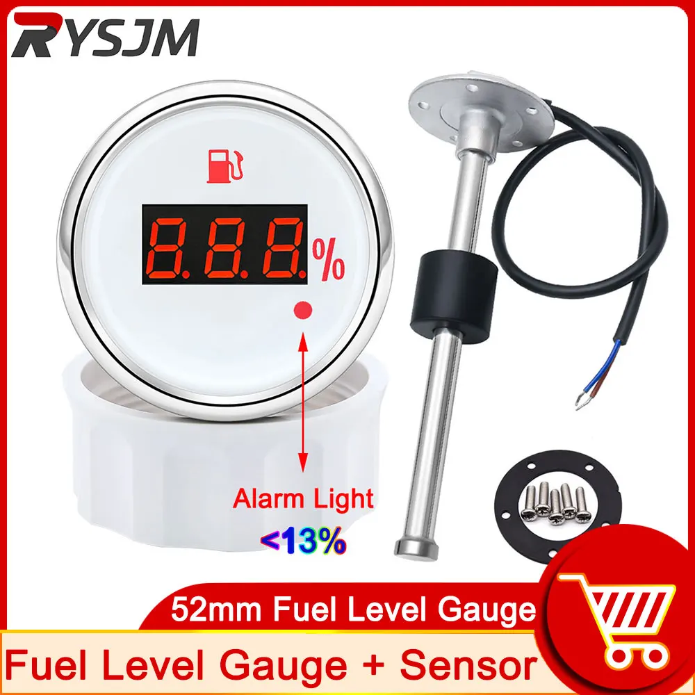 2'' 52mm 0~190 Ohm Universal Digital Waterproof Fuel Tank Level Gauge + 100-550MM Fuel Level Sensor With Red Warning Light White