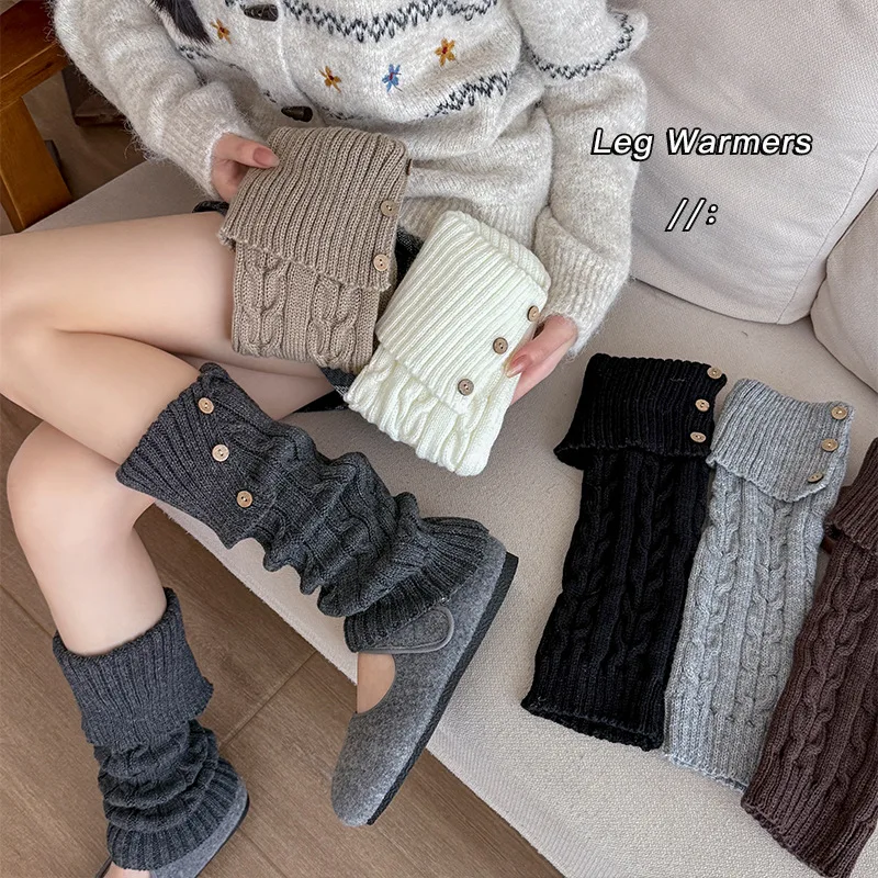 

Cotton Socks Cover Women's Autumn and Winter Flanged Button Stacking Socks Retro Twist Knitted Thickened Warm Stacked Calf Cover
