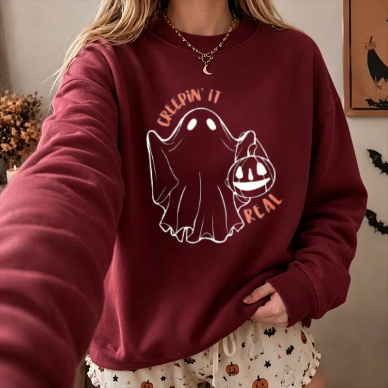 Creepin It Real Ghost Holding Pumpkin Bucket Halloween Sweatshirt Vintage Outline Spooky Cartoon Pullover Casual Streetwear Tops
