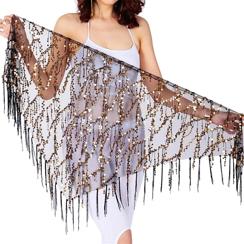 Новый стиль, шарф для танца живота с блестками и кисточками, индийские костюмы для танца живота, женский пояс для практики танца живота, треугольный шарф на бедрах