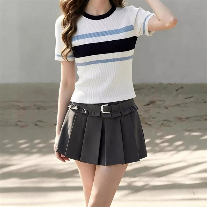Spring/SummerNew round NeckFashion Retro Casual Color Block StripedShort SleeveKnitted T-Shirt High Quality Simple Versatile Top