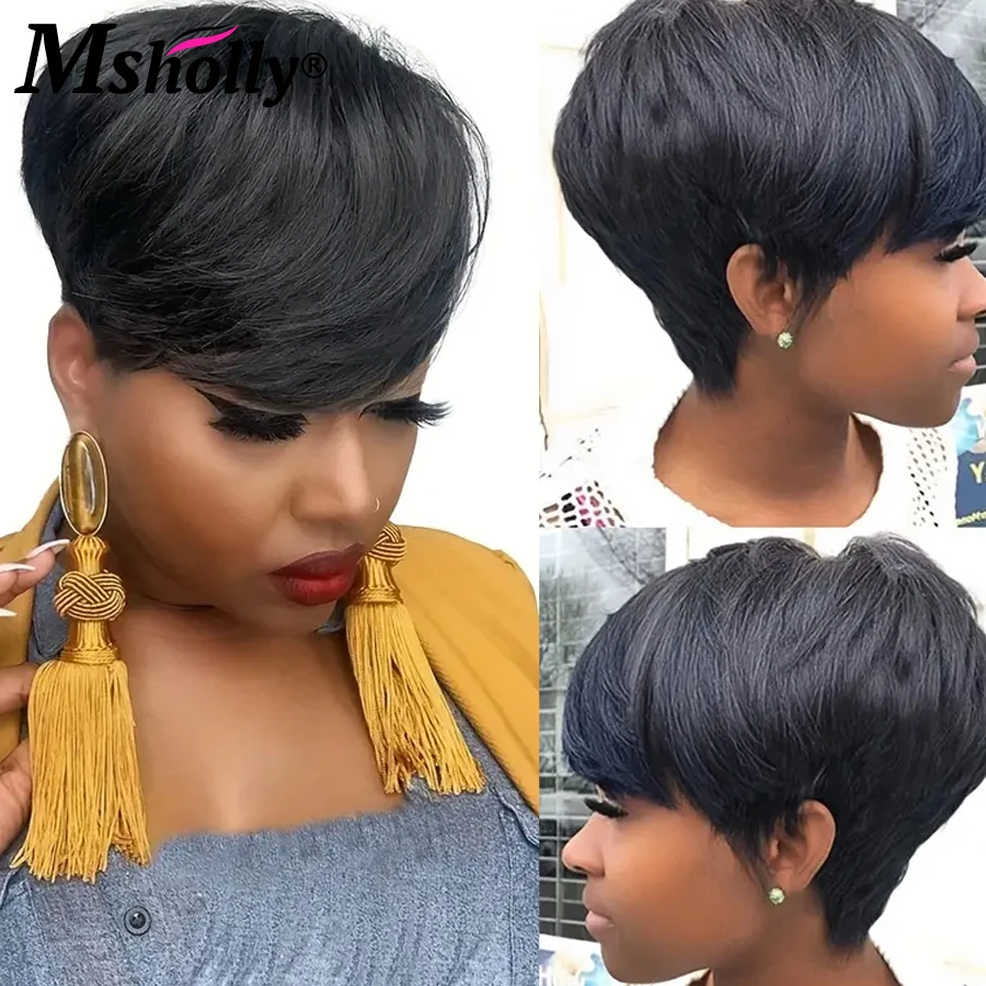 Short Pixie Cut Wigs Full Machine Made Wigs With Bangs Straight 180 Density Remy Human Hair Wigs For Women Water Wave Wigs