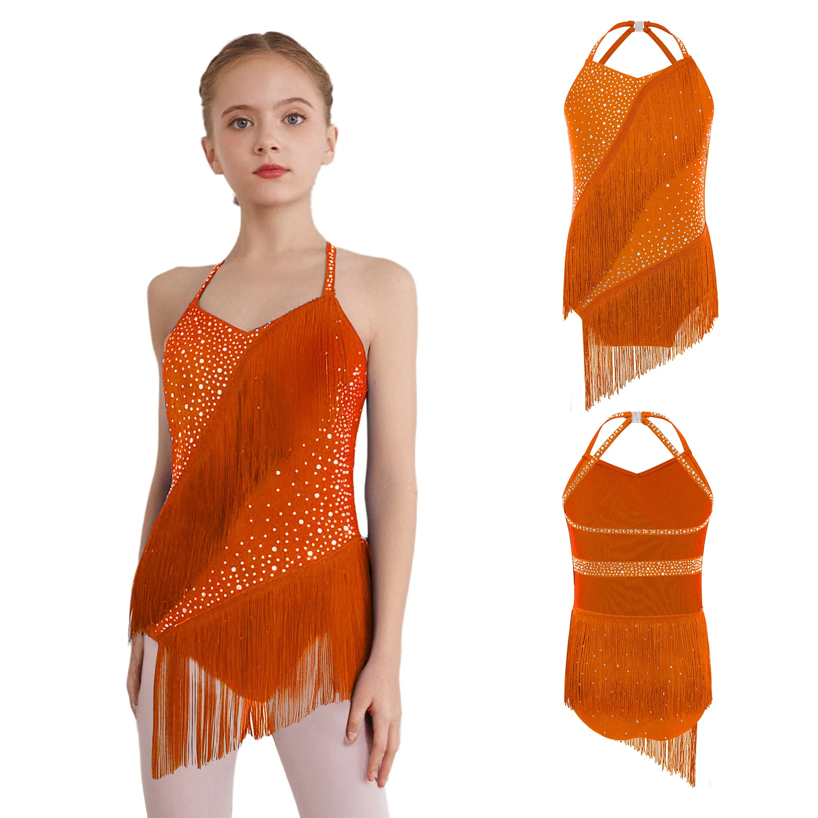 

Kids Girls Tassels Latin Dance Leotard Halter V-Neck Sleeveless Backless Rhinestones Bodysuit Figure Skating Performance Costume