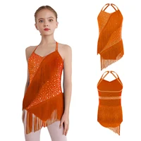 Leotardo de baile latino con borlas para niñas, traje de actuación de patinaje artístico con cuello Halter, sin mangas y espalda descubierta con diamantes de imitación