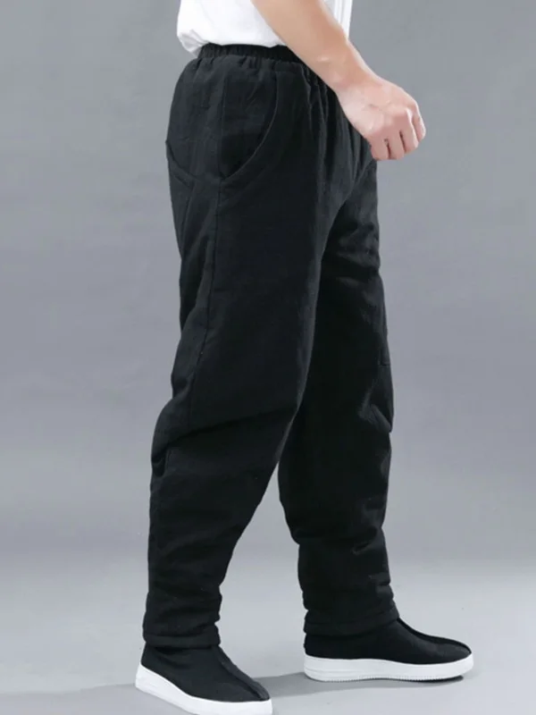 

Мужские утепленные повседневные брюки из хлопка и льна, зимние теплые брюки с высокой талией на молнии, в стиле ретро