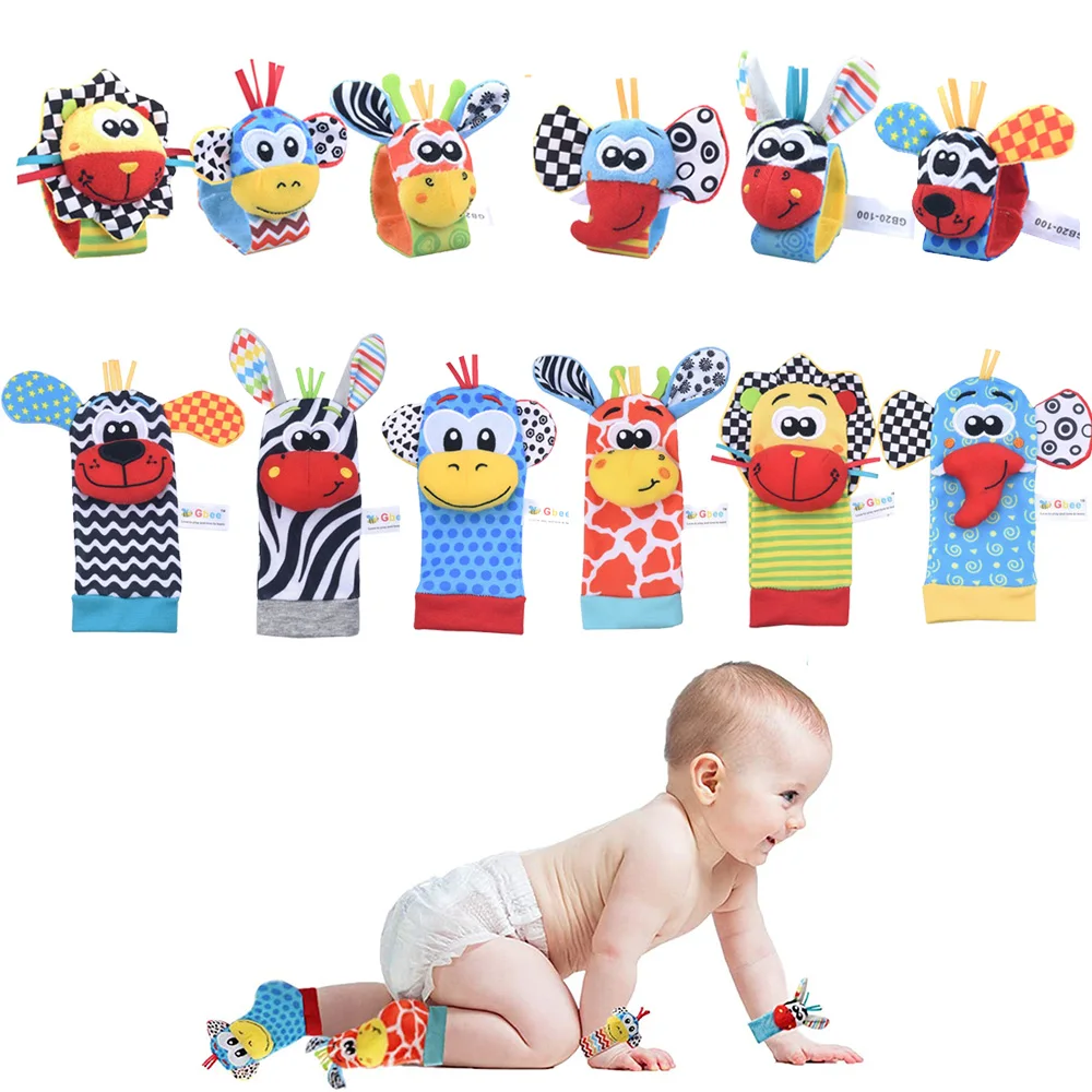 4 Pcs Baby Handgelenk Rassel Fuß Socken Fuß Finder Set Infant Weiche Spielzeug Neugeborenen Nette Kuscheltiere Machen Sounds Spiele spielzeug