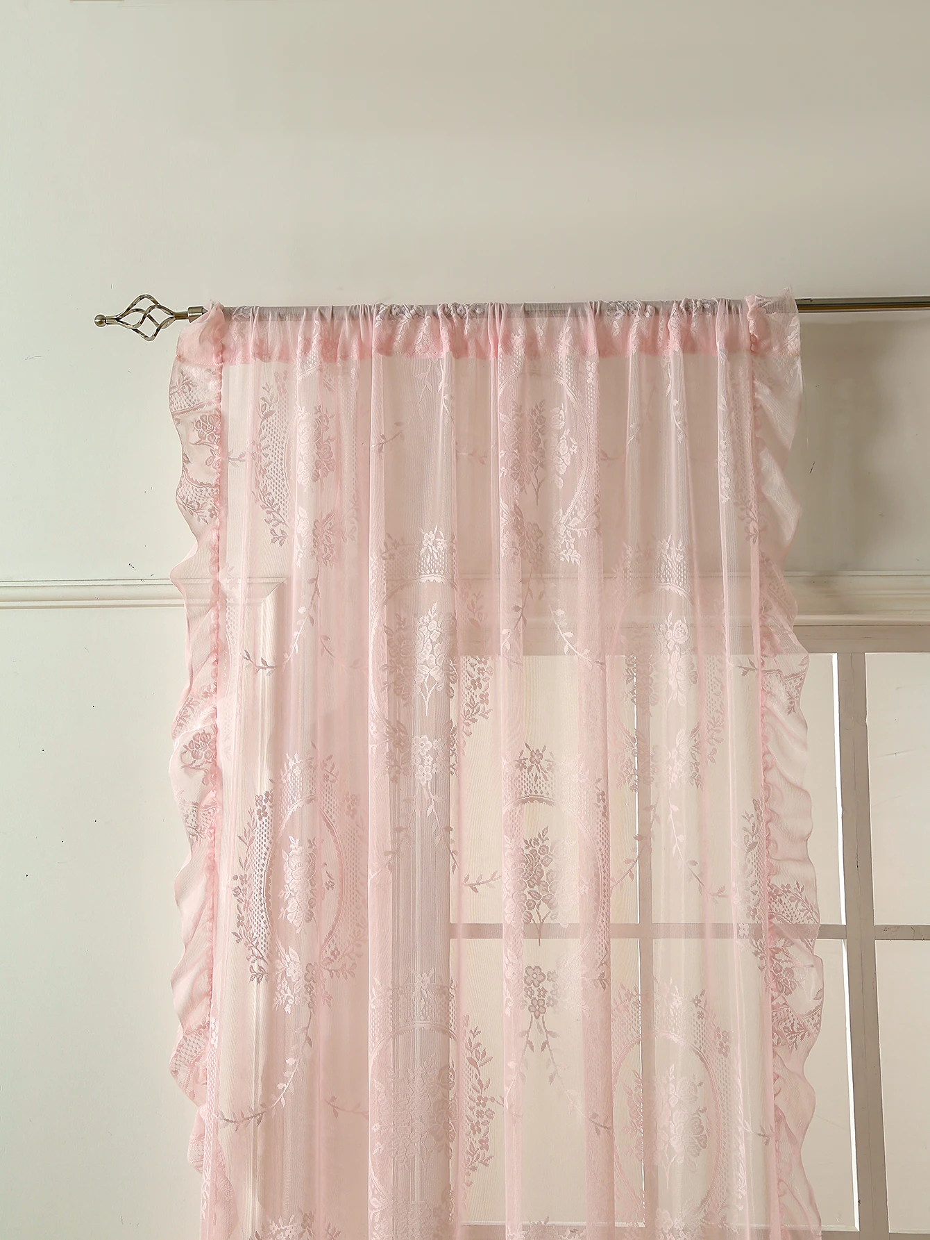 78-Zoll-Vorhänge mit rosa Spitze, rund, Spiegelstange, Taschenvorhänge für Mädchen, niedliche Atmosphäre, Schlafzimmer, Balkon, Heimdekoration