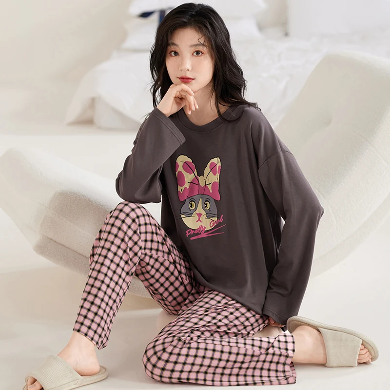 Cat Pajamas Set Women Pink Plaid Cute Kawaii Long Sleeves Long Pants Autumn Winter Soft Pijamas Cozy Sleepwear Girls Pyjamas Pjs