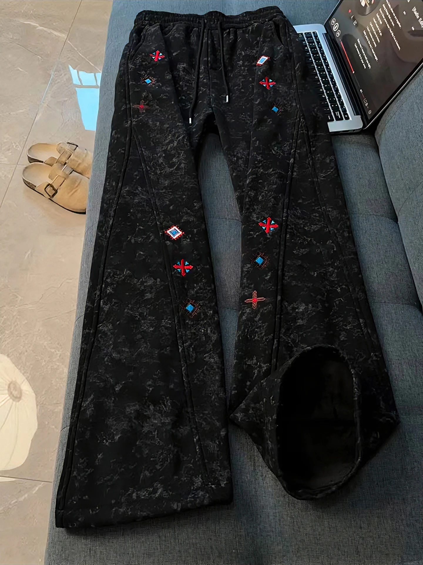 

American Dyed Embroidered Fce Lined Men's Autumn Winter Pants Knife Flared Sweatpants Straight Cut Casual Sports Long...