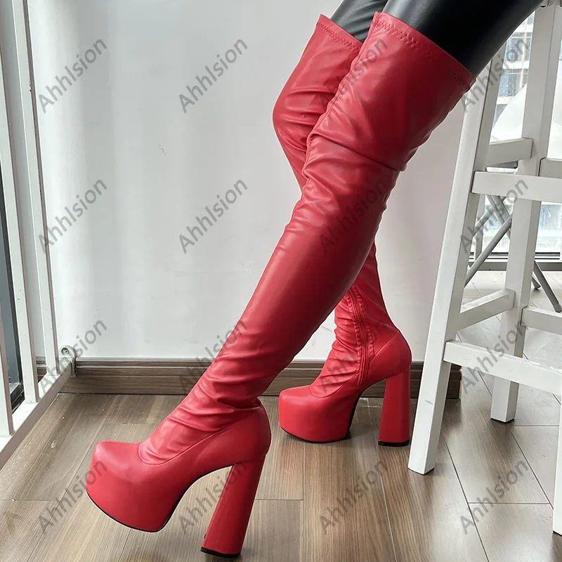 Ahhlsion New Women Spring Flexible Thigh Boots Chunky Heels Round Toe Beautiful Red White Cosplay Shoes Ladies US Size 5-20 - view 2