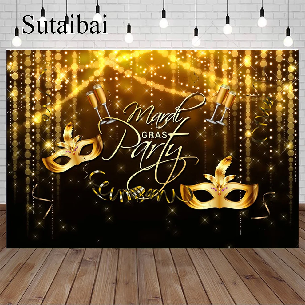 Makeup Party Photography Background Gold Glitter Mask Champagne Colored Ribbons Points of Light Decoration Vinyl Cloth Backdrops