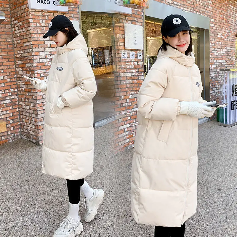 Thickened Women\'s Puffer Jacket Winter Korean Version Loose Mid-Length Solid Color Hooded Casual Thermal Coat