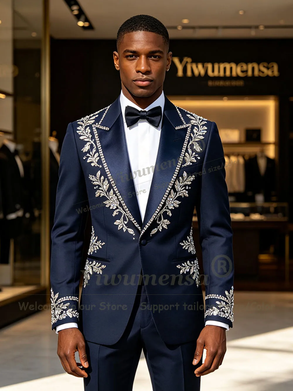 Elegant Nvay Blue Suits Men 2 Piece Sets Sparkly Beading Sequin Jacket Pants Slim Fit Groom Wear Wedding Tuxedo Male Clothing