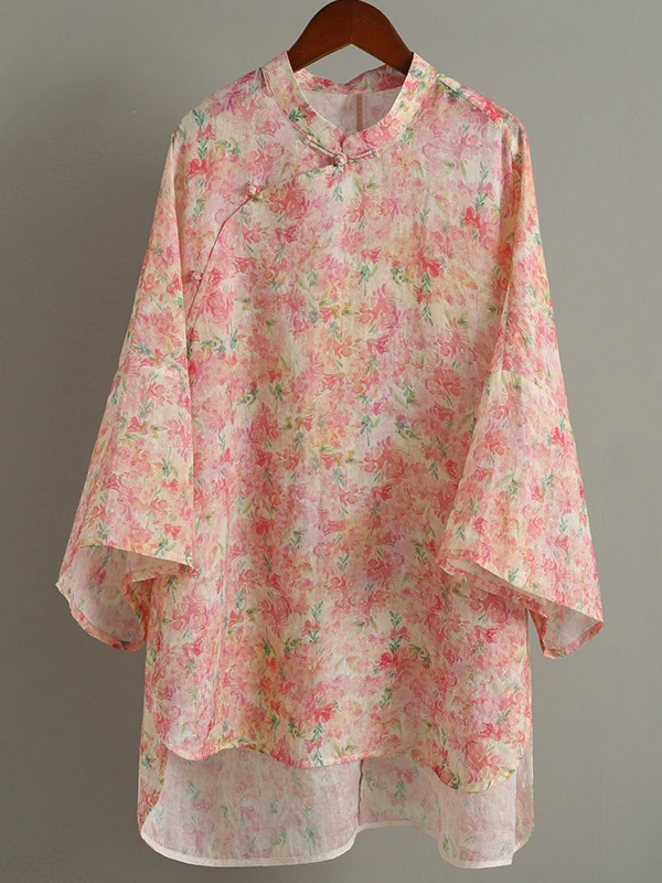 Loose Fit Printed Shirt Chinese Ethnic Style Slanting Button-down Collar Traditional Tea Costume Top Women's Fashion Polyeste...