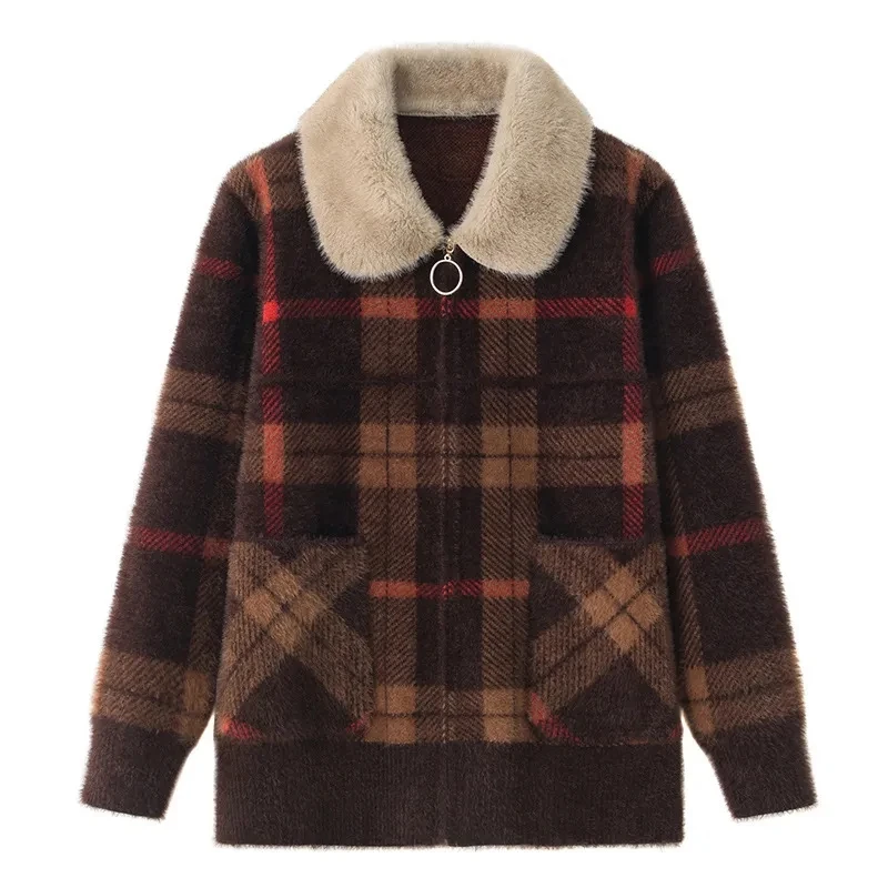 

Mom's New Imitation Mink Fur Collar Zipper Coat Autumn Winter Cardigan Plaid Spring Middle-Aged Elderly Women's Woolen Jacket