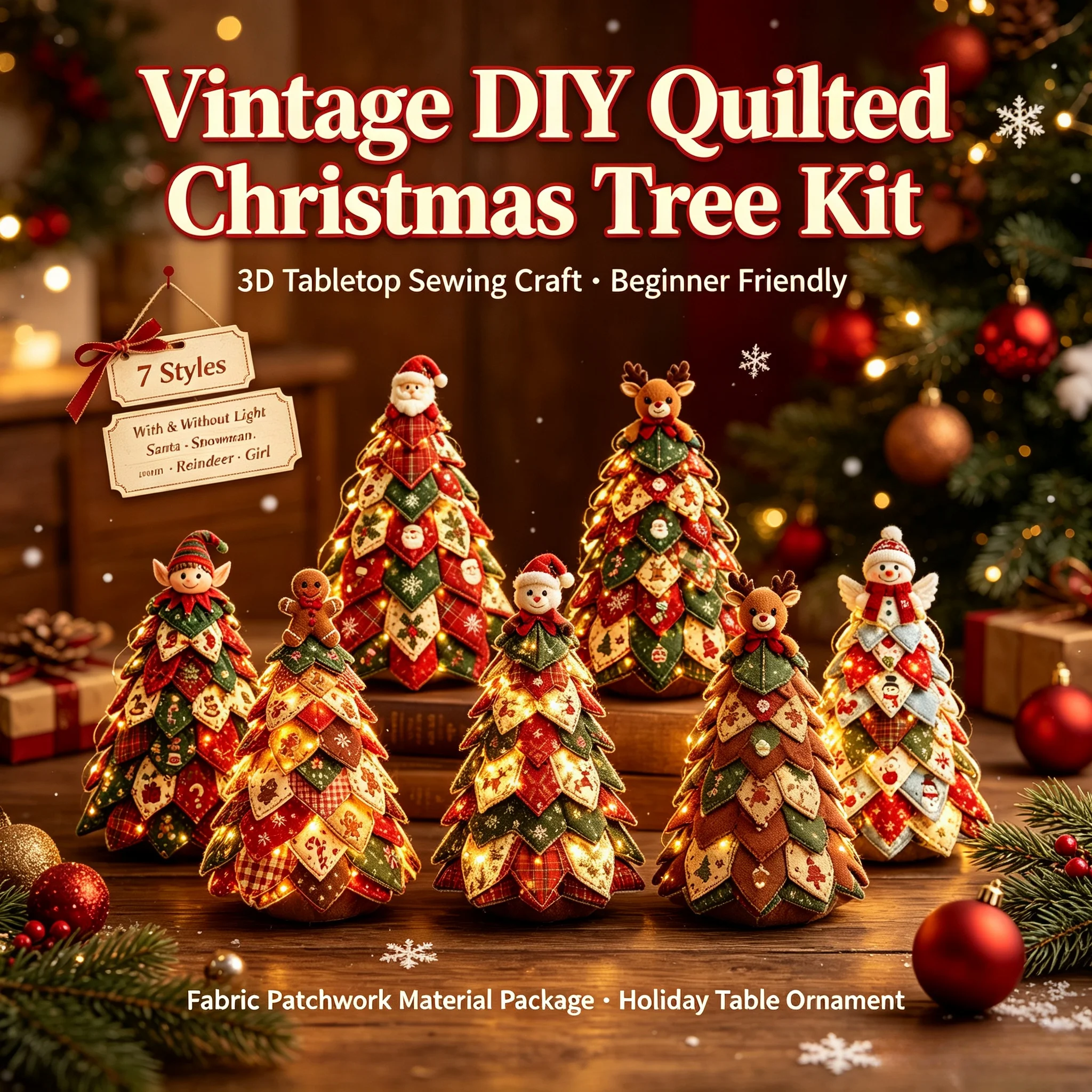 Vintage DIY Quilted Christmas Tree Kit 3D Tabletop Sewing Craft Kit Santa Fabric Patchwork Material Pack Holiday Table Ornament