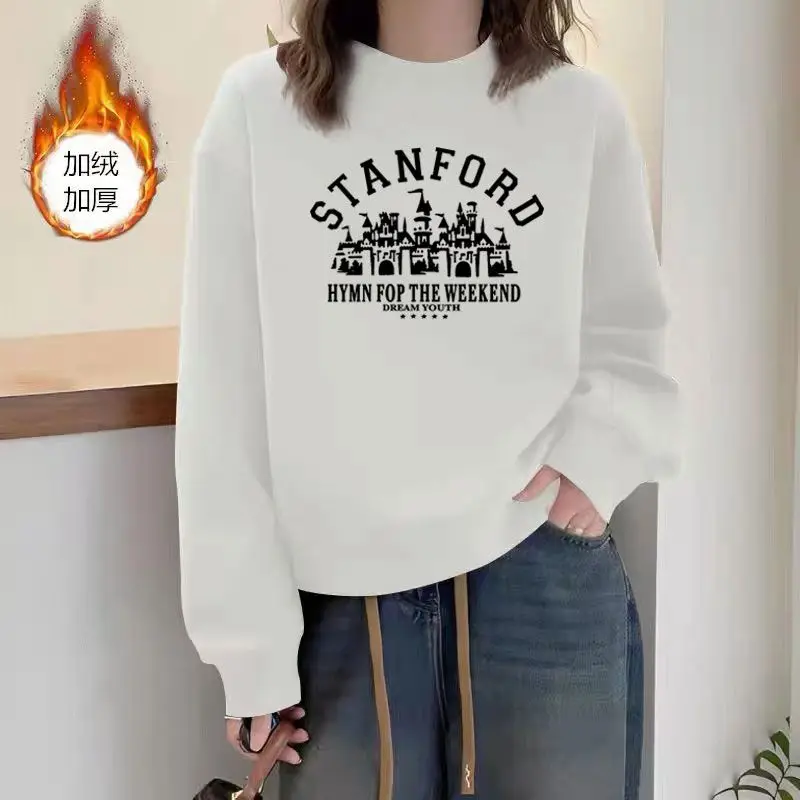 Simplicity Fashion Autumn Winter Women Printing Letter Plus Velvet Thicken Korean Casual Long Sleeve Pullovers Sweatshirts Tops