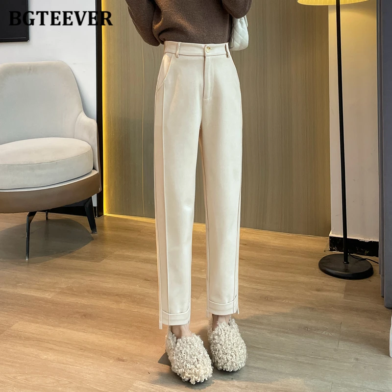 

BGTEEVER Casual Thicken Warm Ladies Harem Trousers Winter Fashion High Waist Loose Pockets Female Woolen Straight Suit Pants