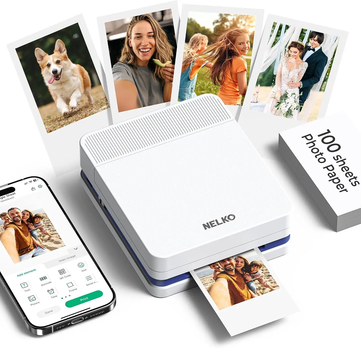 

Portable Photo Printer with AI App, Bluetooth, 100 Sheets Paper for iPhone Android - Perfect for Christmas Family Travel