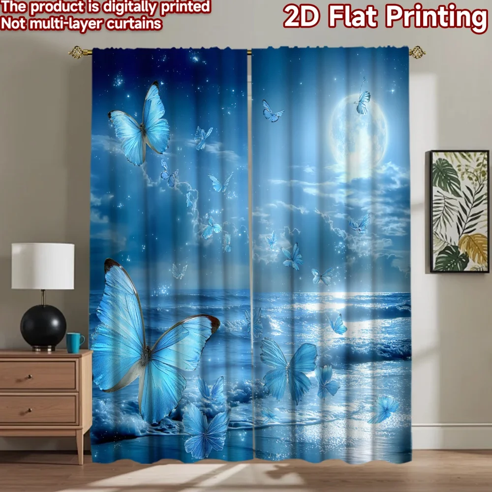 

2D flat printing 2pcs Window Treatment Curtains Blue Butterfly Moon Ocean Digital Printed Polyester Drapes All Season Party &