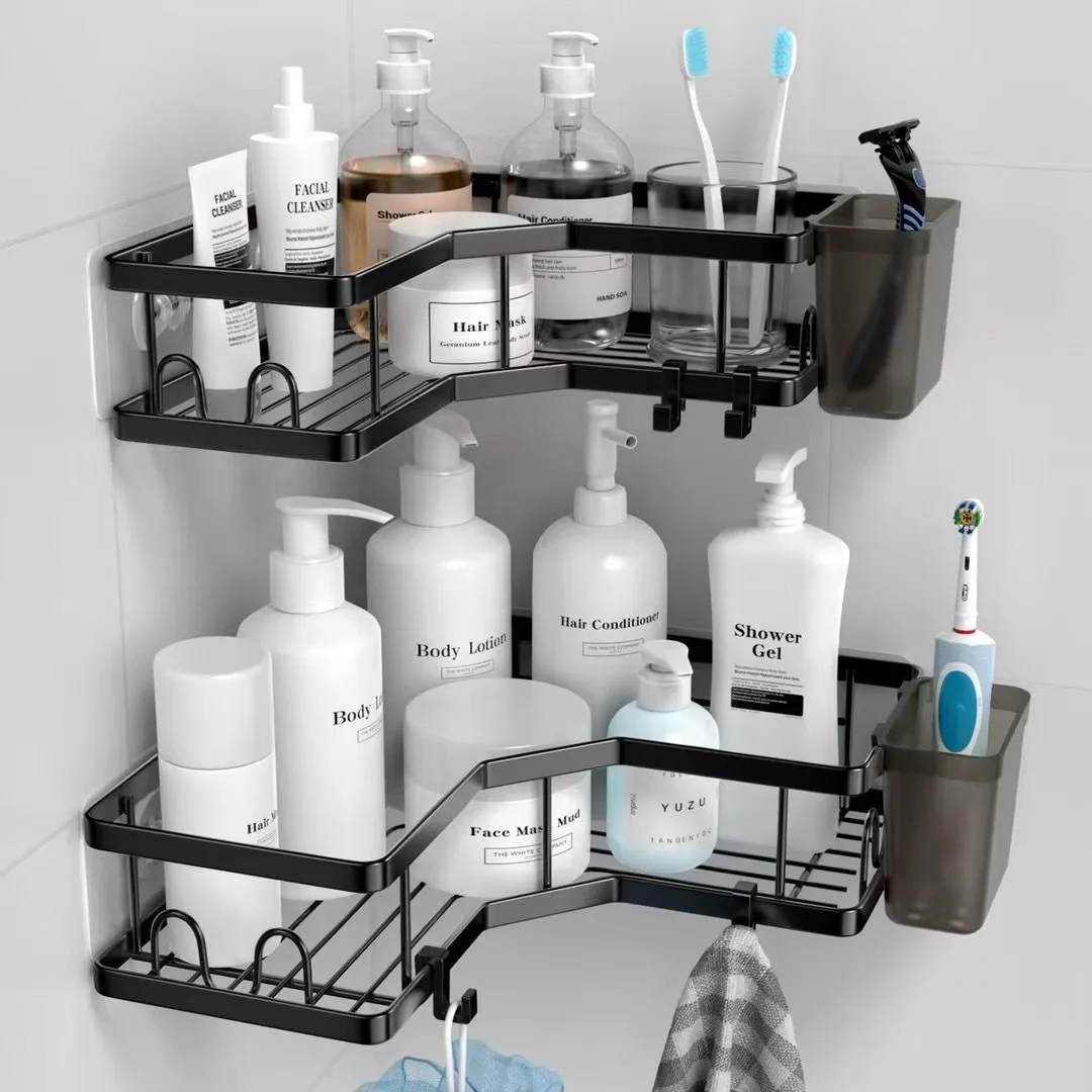 

Ironwork non-perforated bathroom tripod, wall-mounted corner rack, soap rack, toiletries storage rack