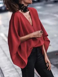UOOZEE Women Batwing Sleeves Loose V-neck Blouses 2024 New Spring Autumn Fashion Solid Color Urban Casual Trendy T-shirts Tops