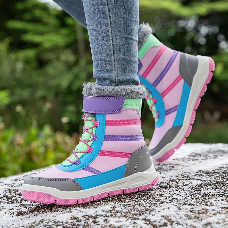 Botas de senderismo impermeables para invierno, zapatillas de Trekking antideslizantes para exteriores para niños, botas de nieve de felpa, botas cálidas informales para exteriores para niños