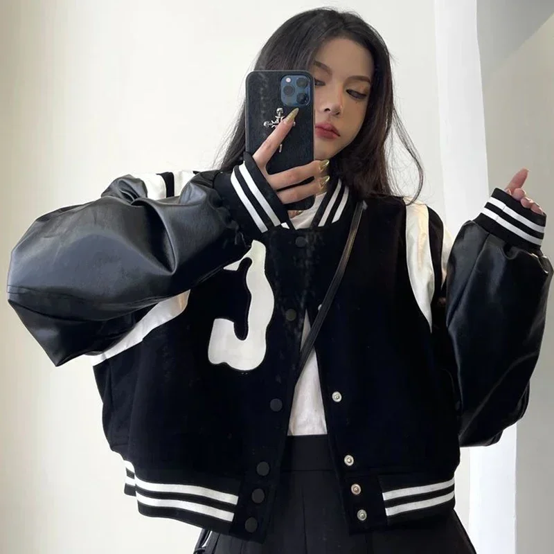 Winter Cropped Jacket Women Vintage Korean Fashion Oversized Gothic Baseball Short Jackets Kpop Chic Streetwear Coat