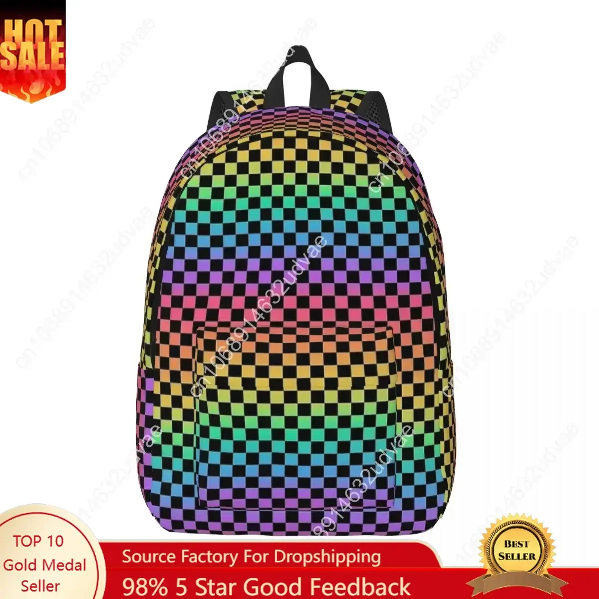 Ransel Kotak-kotak Pelangi dan Hitam untuk Pria Wanita Tas Bahu Sekolah Menengah Kasual Tas Bahu Perguruan Tinggi Warna-warni Neon Luar Ruangan