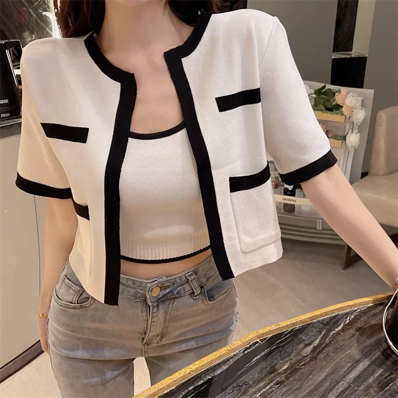 Gagarich Fashion Color Blocking Knitted Sweater 2 Piece Set Spicy Girl Revealing Collarbone Slim Fit Chest Tank Top Cardigan