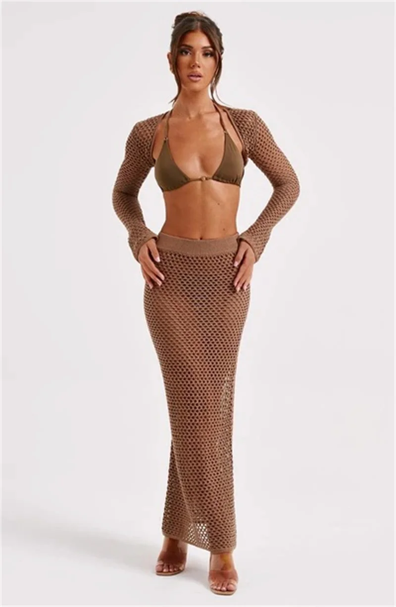 2PC Set Women Long Sleeve Crop Top and Skirts Knit Dress, Bandage Beach Dress, Sexy See Through Hollow Crochet Bikini Cover Ups