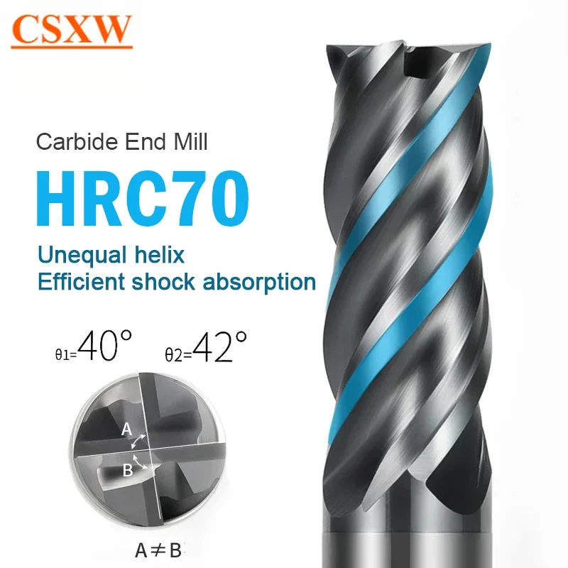 

HRC70 CNC Carbide End Mill Unequal Helix Efficient Tungsten Cutter 4 Flute Metal Steel Machining Tool 6 8 12 14 20mm Router Bit